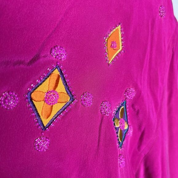 Adam Douglass Vintage Silk‎ Blazer Womens XL Embroidered Beaded Pink Boho 90s - Picture 10 of 16